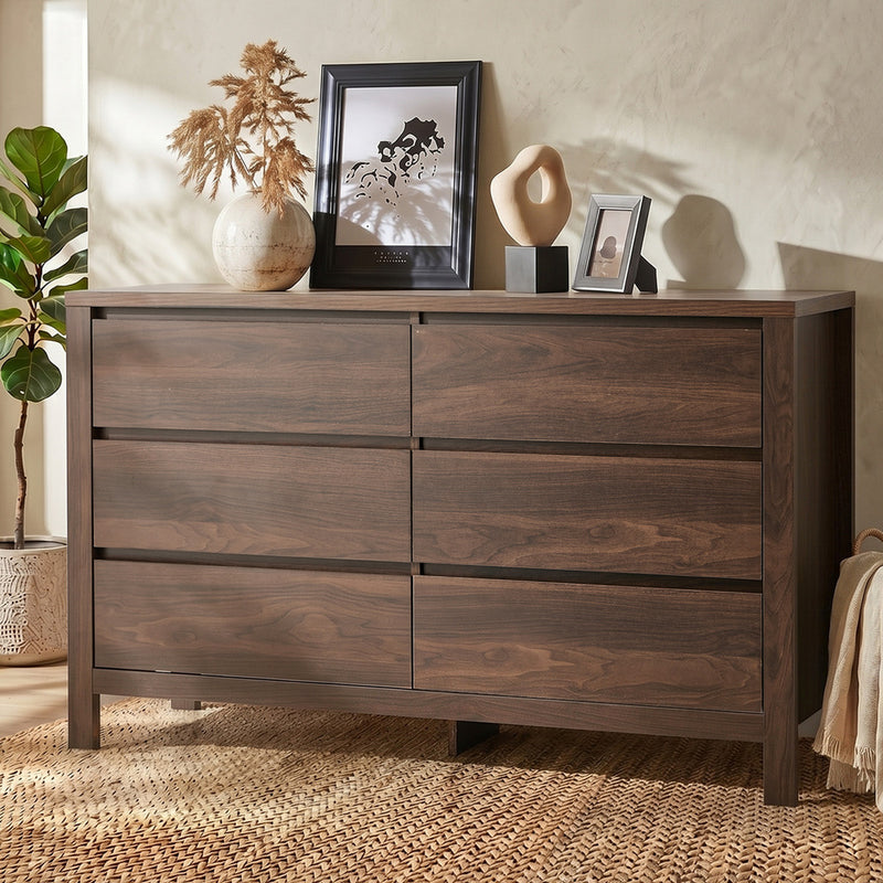 Oikiture 6 Chest Of Drawer Lowboy Dresser Handle-Free Bedroom Walnut