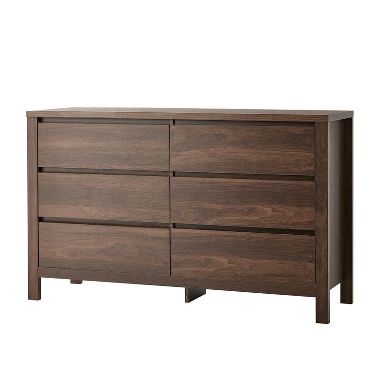 Oikiture 6 Chest Of Drawer Lowboy Dresser Handle-Free Bedroom Walnut