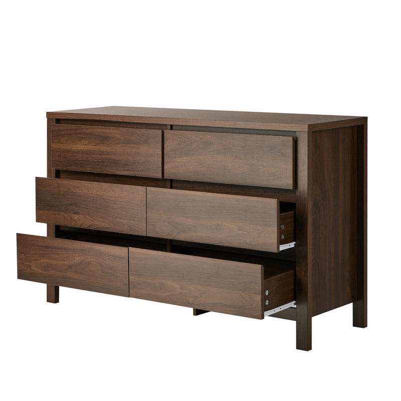 Oikiture 6 Chest Of Drawer Lowboy Dresser Handle-Free Bedroom Walnut