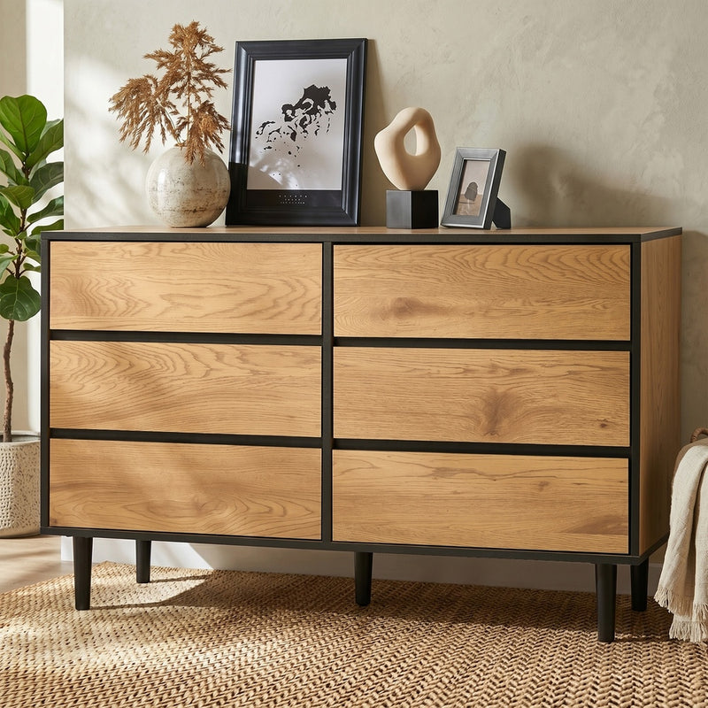 Oikiture 6 Chest of Drawers Lowboy Storage Dresser Bedroom Natural