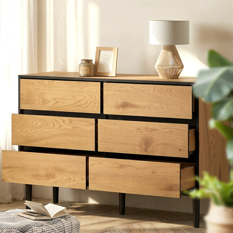 Oikiture 6 Chest of Drawers Lowboy Storage Dresser Bedroom Natural