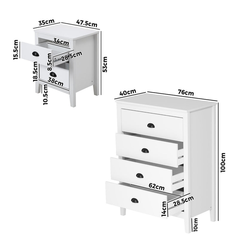 Oikiture 4 Chest of Drawers and Bedside Table Vintage Bedroom Set White