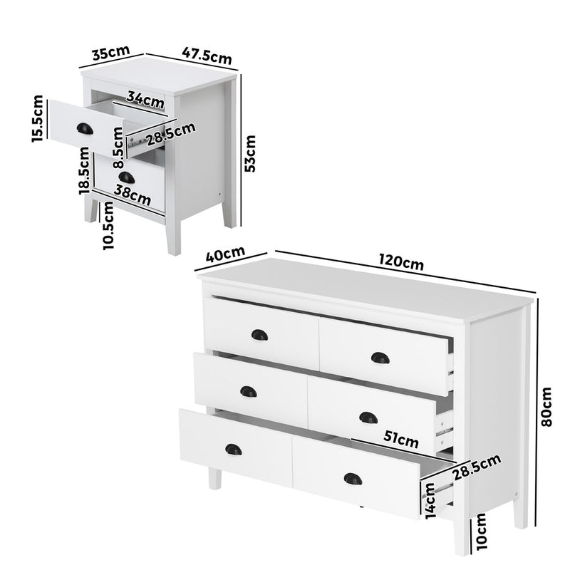 Oikiture 6 Chest of Drawers and Bedside Table Vintage Bedroom Set White