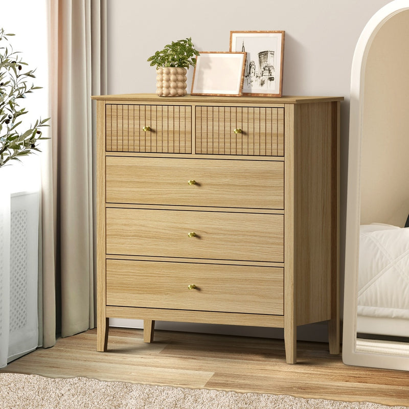 Oikiture 5 Chest of Drawers Dresser Storage Cabinet Tallboy Natural