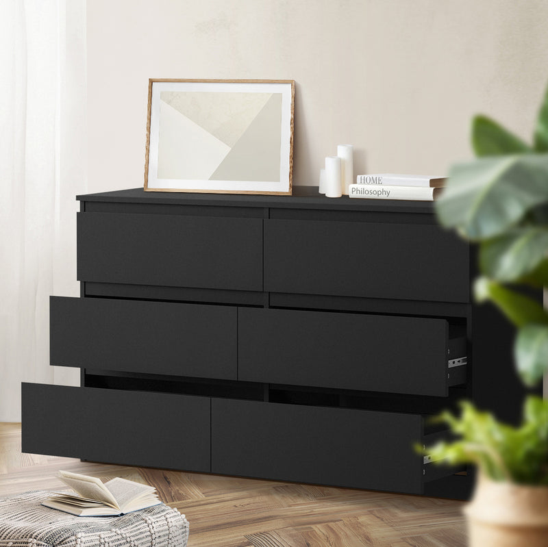 Oikiture 6 Chest of Drawers Lowboy Dresser Table Bedroom Black