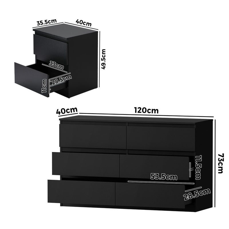 Oikiture 6 Chest of Drawers and 2 Bedside Tables Bedroom Set Black
