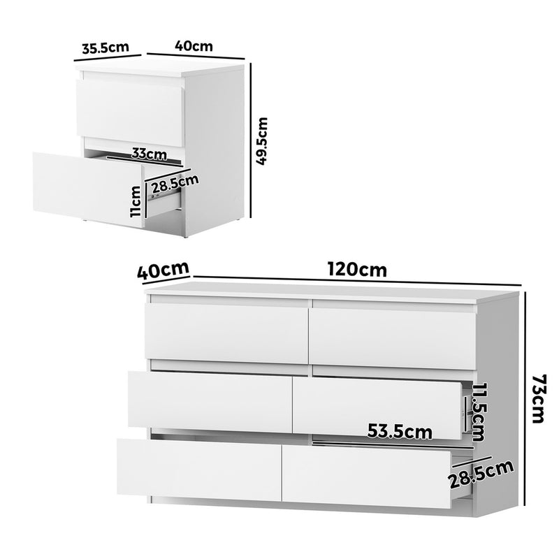 Oikiture 6 Chest of Drawers and 2 Bedside Tables Bedroom Set White