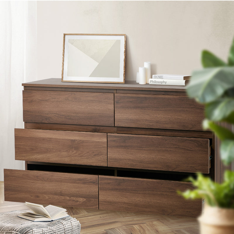 Oikiture 6 Chest of Drawers Lowboy Storage Cabinet Dresser Walnut