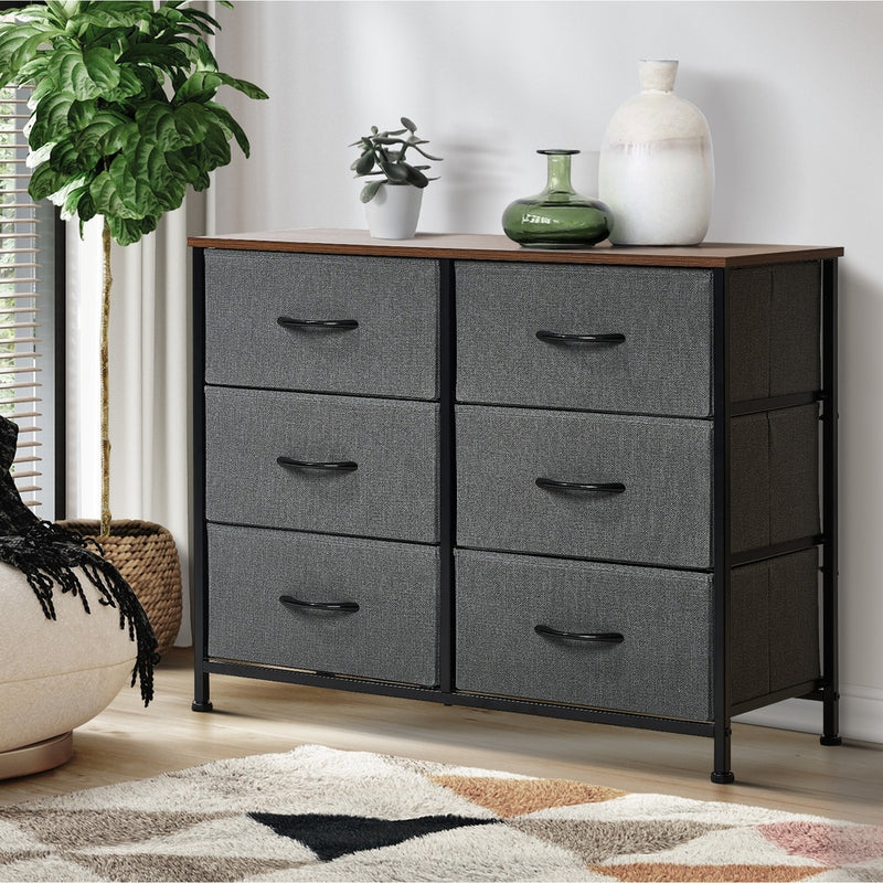 Oikiture 6 Chest of Drawers Fabric Grey Wooden Tabletop
