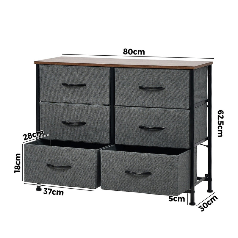 Oikiture 6 Chest of Drawers Fabric Grey Wooden Tabletop