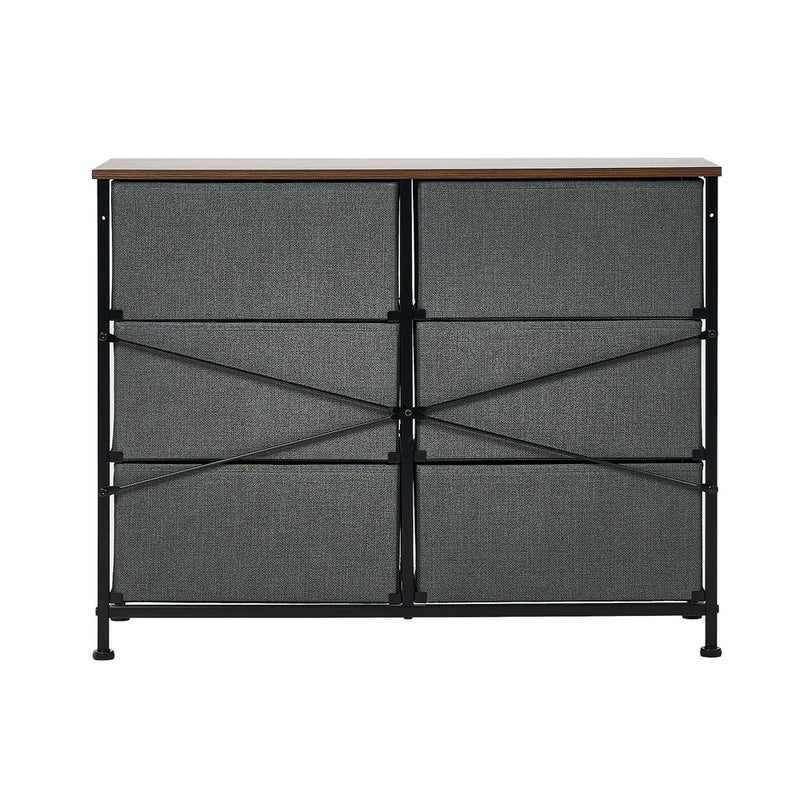 Oikiture 6 Chest of Drawers Fabric Grey Wooden Tabletop