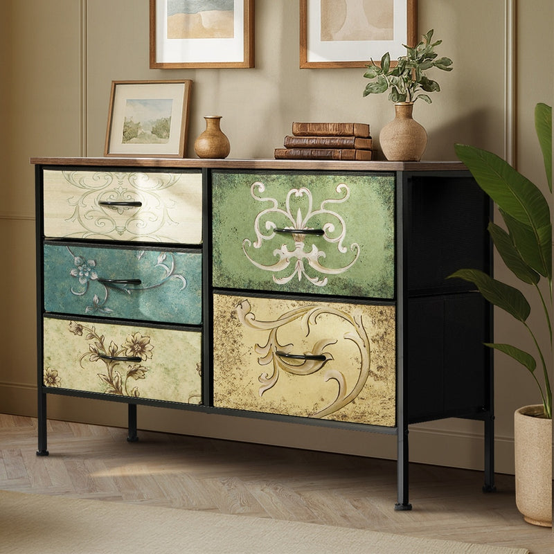Oikiture Lowboy 5 Chest Of Drawers Cabinet Retro