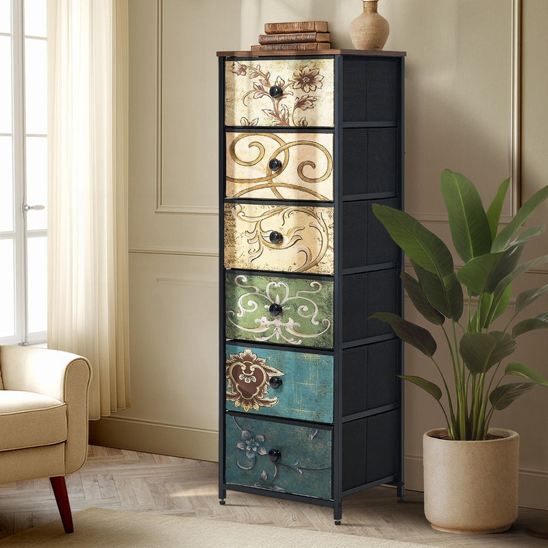 Oikiture 6 Chest of Drawers Fabric Tallboy Retro Vintage