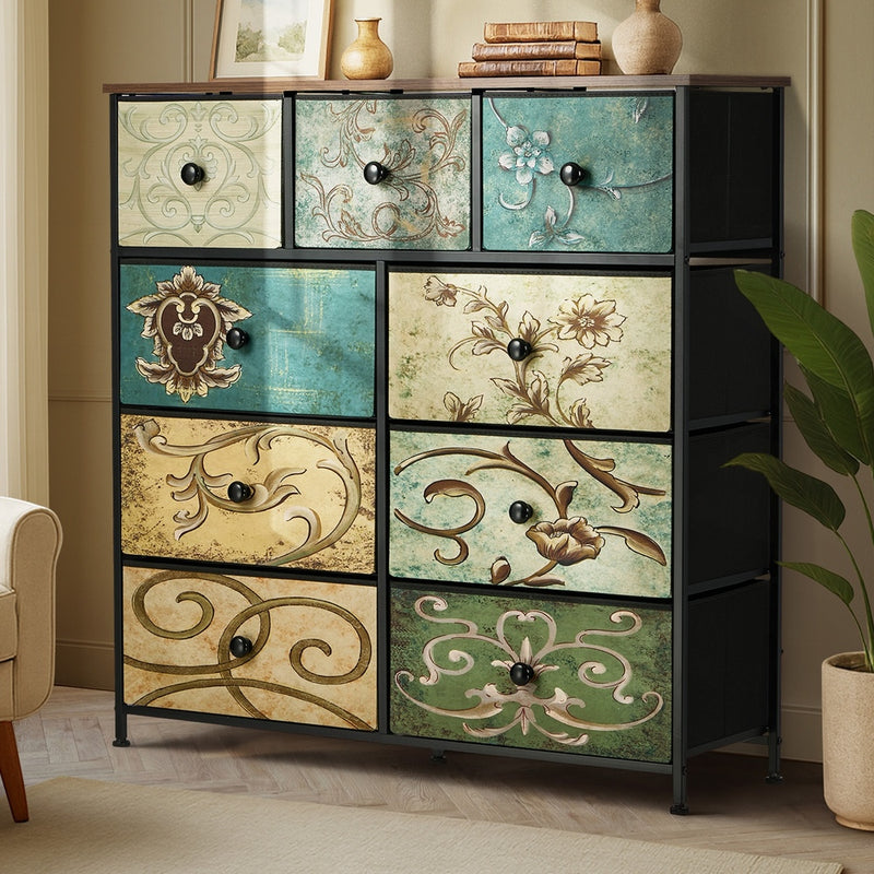 Oikiture 9 Chest of Drawers Fabric Dresser Vintage Tallboy Organizer