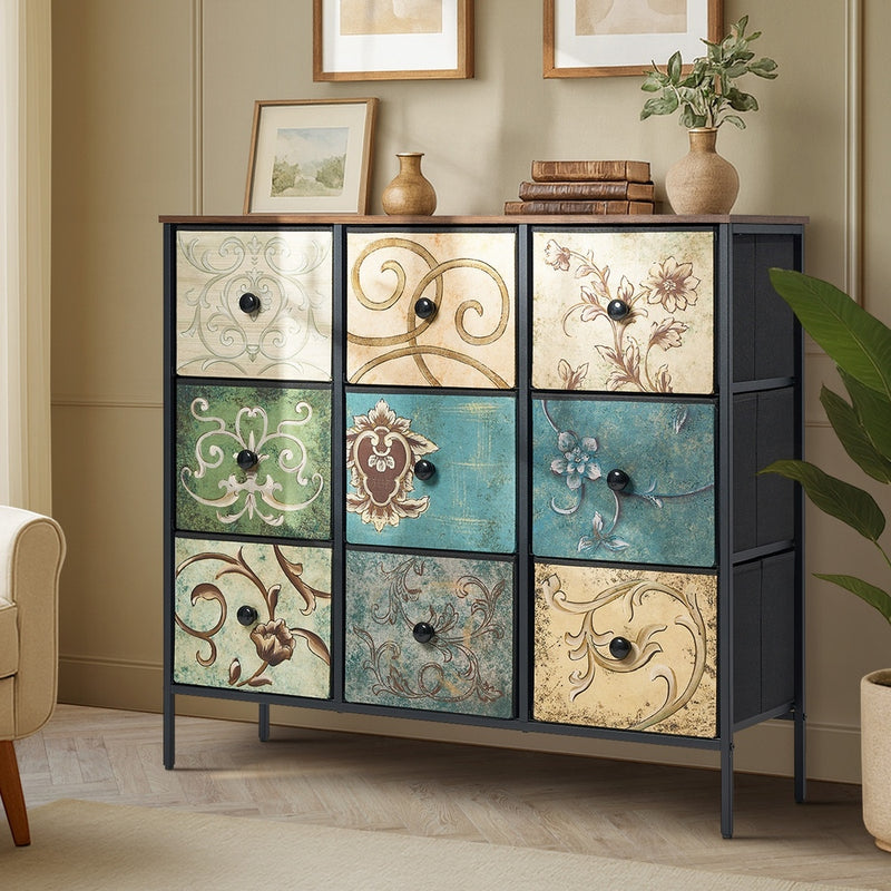 Oikiture 9 Chest of Drawers Fabric Lowboy Retro Vintage