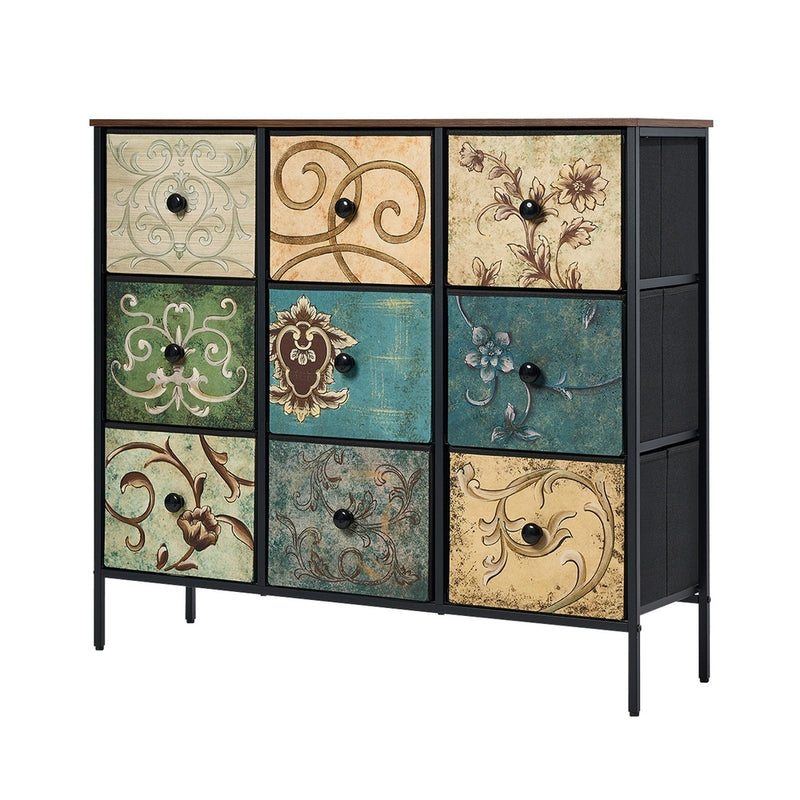 Oikiture 9 Chest of Drawers Fabric Lowboy Retro Vintage