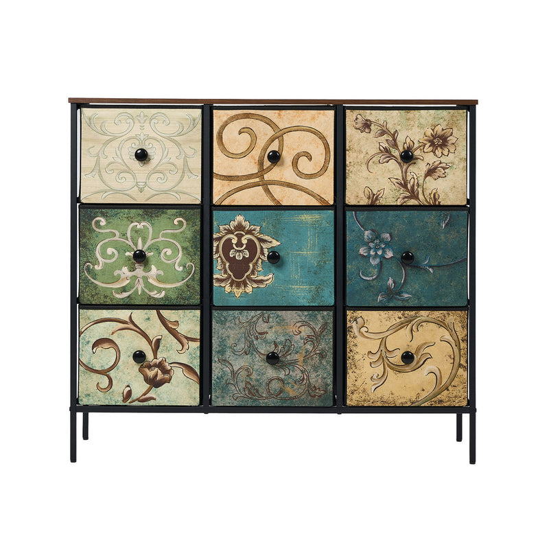Oikiture 9 Chest of Drawers Fabric Lowboy Retro Vintage