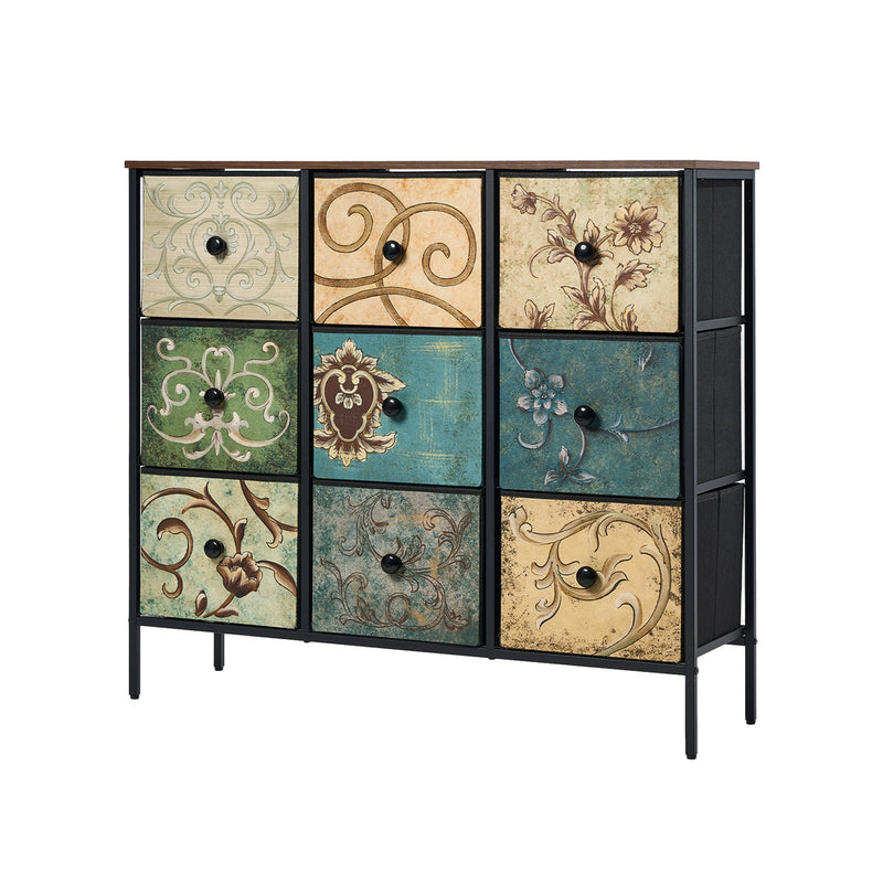 Oikiture 9 Chest of Drawers Fabric Lowboy Retro Vintage