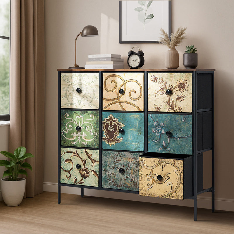 Oikiture 9 Chest of Drawers Fabric Lowboy Retro Vintage