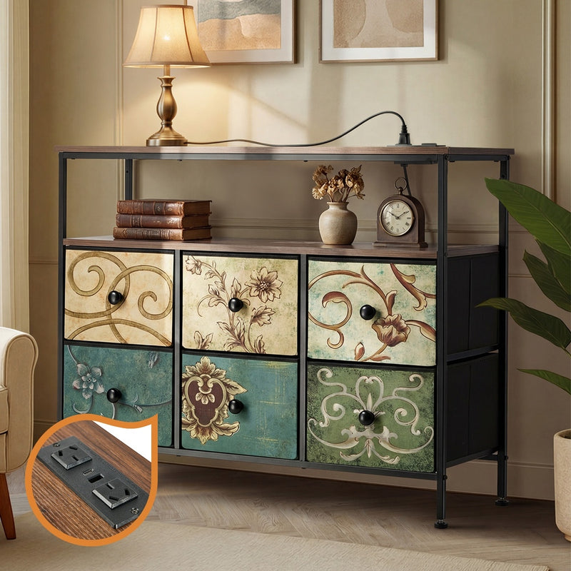 Oikiture 6 Chest of Drawers Fabric Retro Dresser Lowboy Shelf Charging