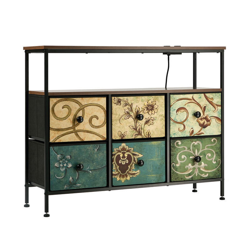 Oikiture 6 Chest of Drawers Fabric Retro Dresser Lowboy Shelf Charging