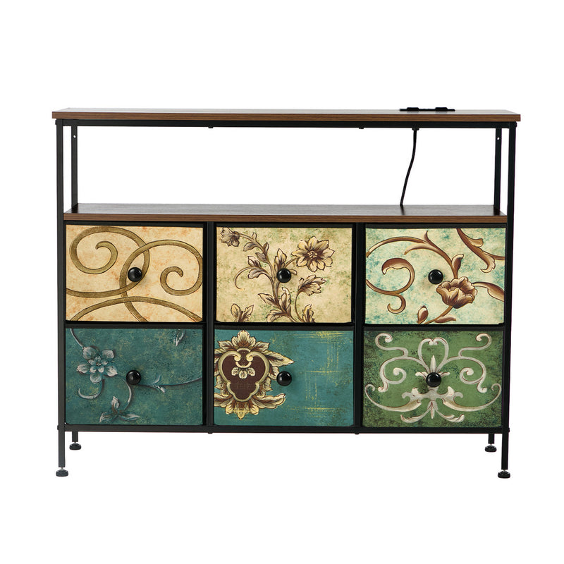 Oikiture 6 Chest of Drawers Fabric Retro Dresser Lowboy Shelf Charging