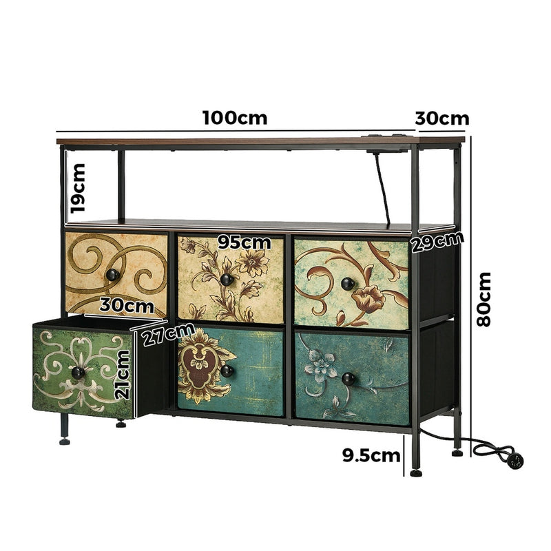 Oikiture 6 Chest of Drawers Fabric Retro Dresser Lowboy Shelf Charging