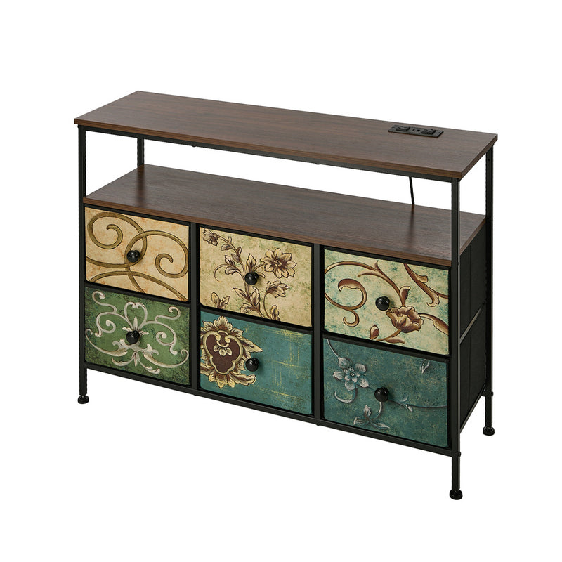 Oikiture 6 Chest of Drawers Fabric Retro Dresser Lowboy Shelf Charging