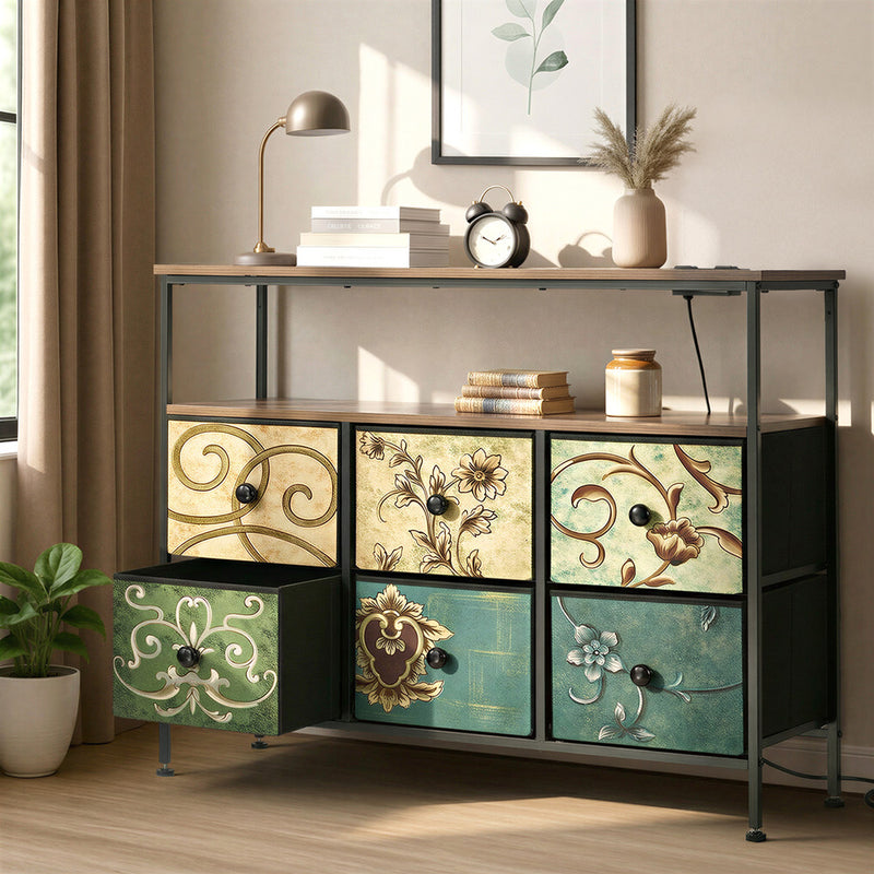 Oikiture 6 Chest of Drawers Fabric Retro Dresser Lowboy Shelf Charging