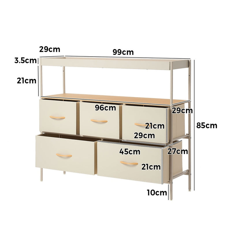 Oikiture 5 Drawer Chest Of Drawers Open Shelf Organizer Beige