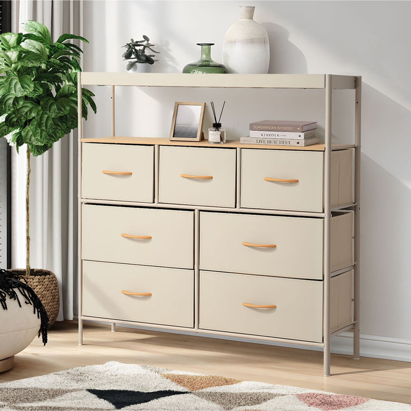 Oikiture 7 Drawer Chest Of Drawers Open Shelf Organizer Beige