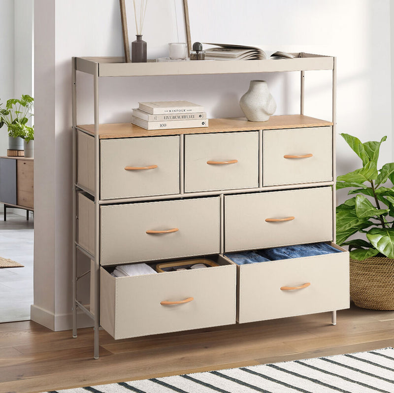 Oikiture 7 Drawer Chest Of Drawers Open Shelf Organizer Beige
