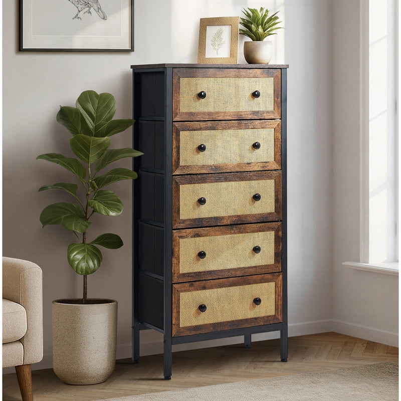 Oikiture 5 Chest of Drawers Rattan Fabric Dresser Tallboy