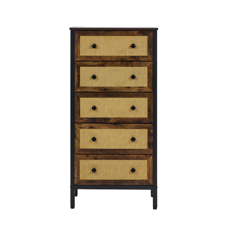 Oikiture 5 Chest of Drawers Rattan Fabric Dresser Tallboy