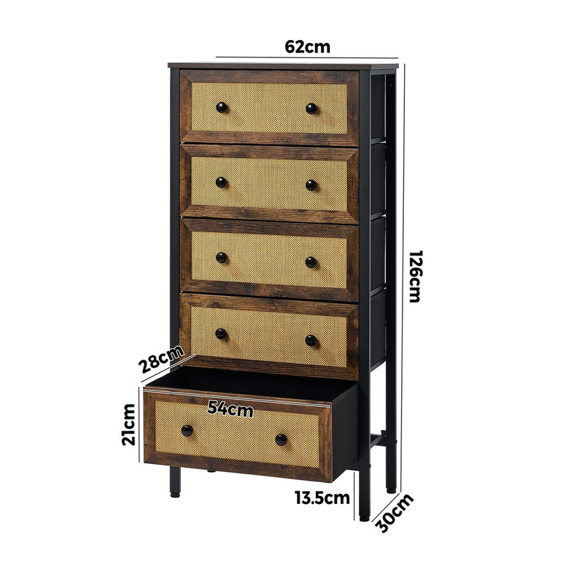 Oikiture 5 Chest of Drawers Rattan Fabric Dresser Tallboy