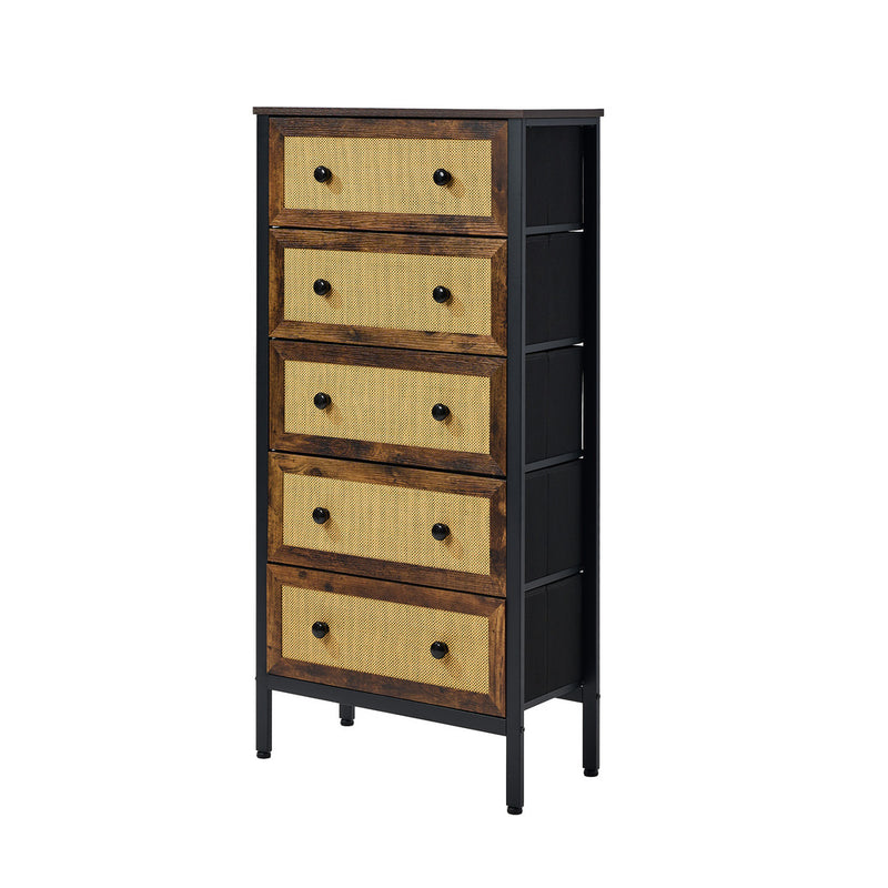 Oikiture 5 Chest of Drawers Rattan Fabric Dresser Tallboy
