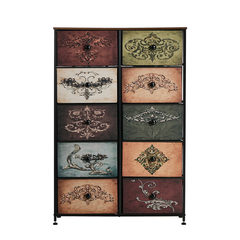 Oikiture 10 Chest Of Drawers Retro Tallboy Printed Foldable Fabric