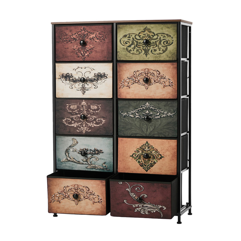 Oikiture 10 Chest Of Drawers Retro Tallboy Printed Foldable Fabric