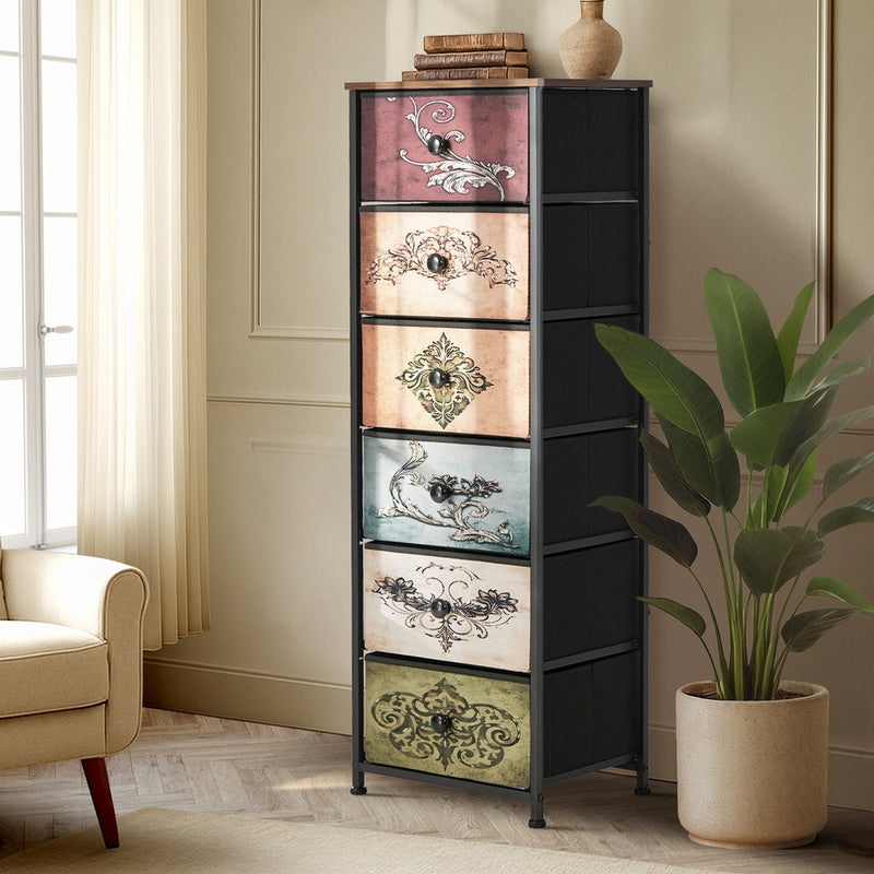 Oikiture 6 Chest Of Drawers Retro Tallboy Printed Foldable Fabric