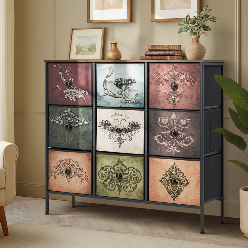 Oikiture 9 Chest Of Drawers Retro Tallboy Printed Foldable Fabric