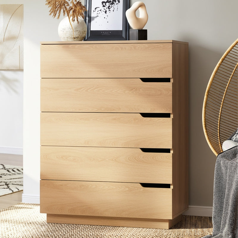 Oikiture 5 Chest of Drawers Dresser Tallboy Storage Cabinet Natural
