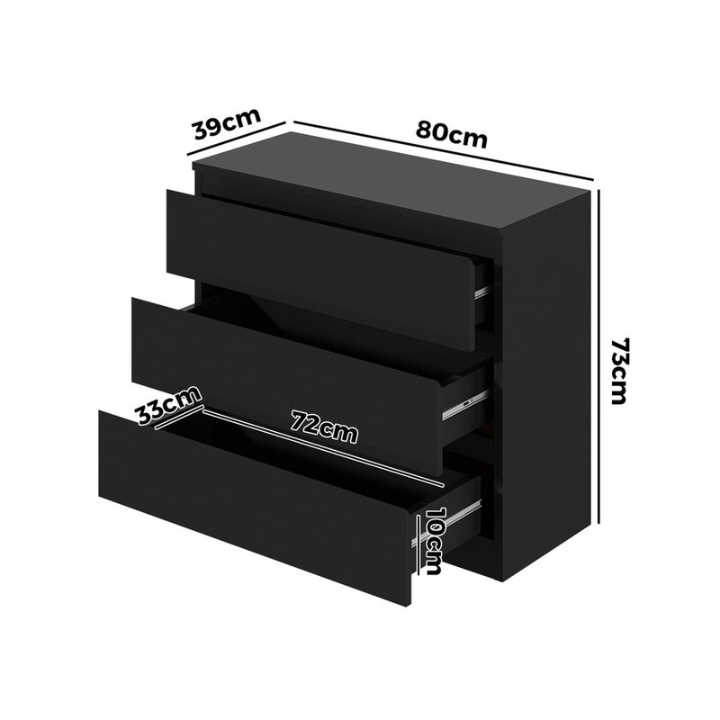 Oikiture 3 Chest of Drawers Lowboy Dresser Table Black