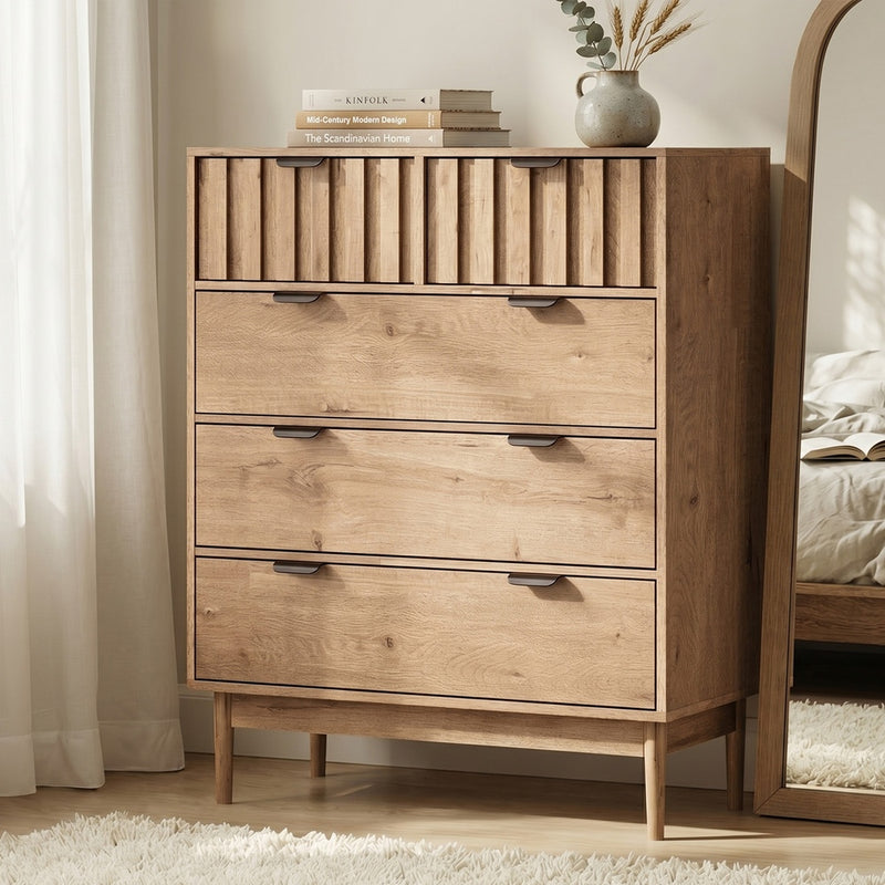 Oikiture 5 Chest of Drawers Dresser Tallboy Nightstand Stripe Natural