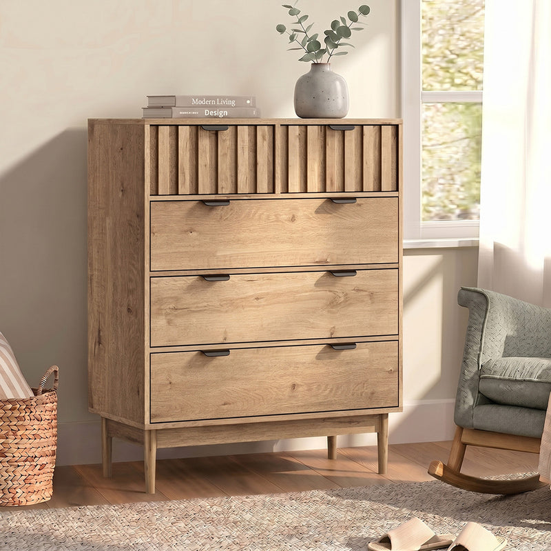 Oikiture 5 Chest of Drawers Dresser Tallboy Nightstand Stripe Natural