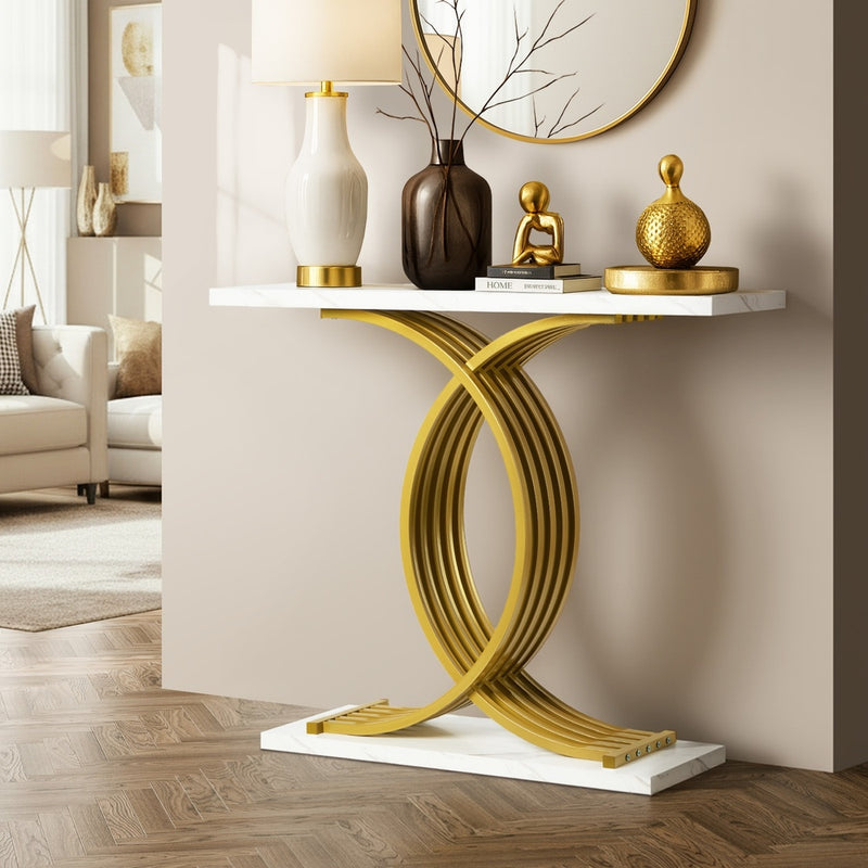 Oikiture Console Table Hallway Marble Effect Narrow Desk White&Gold