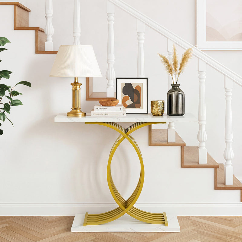 Oikiture Console Table Hallway Marble Effect Narrow Desk White&Gold