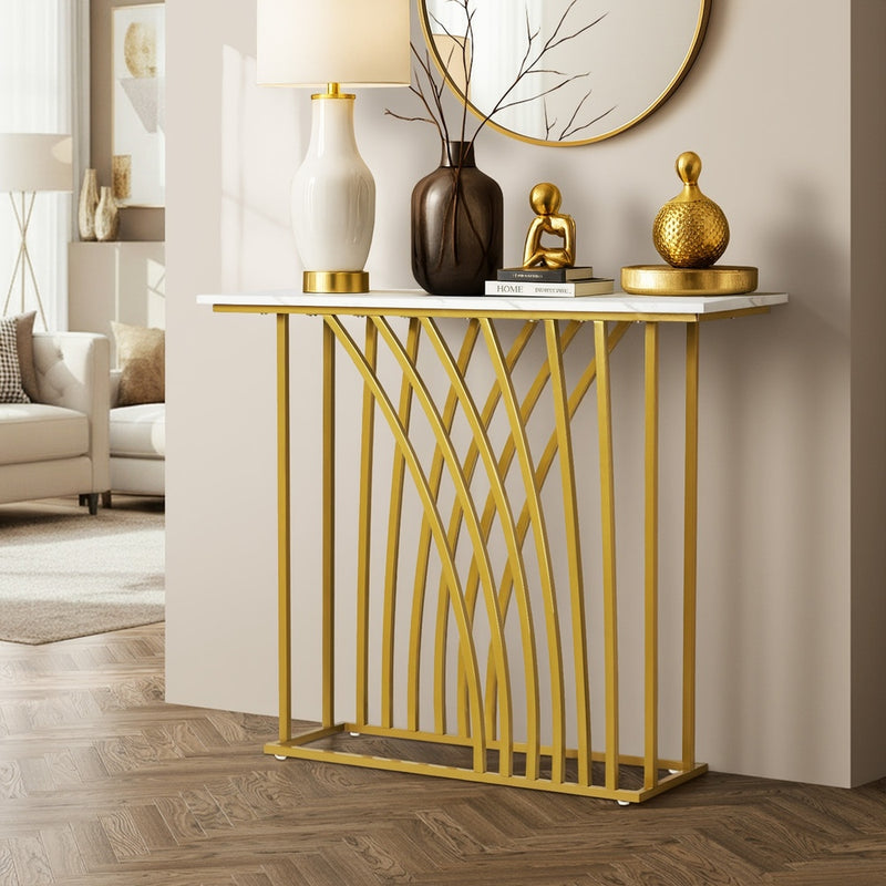 Oikiture Console Table Hallway Marble Effect Tabletop Desk White&Gold