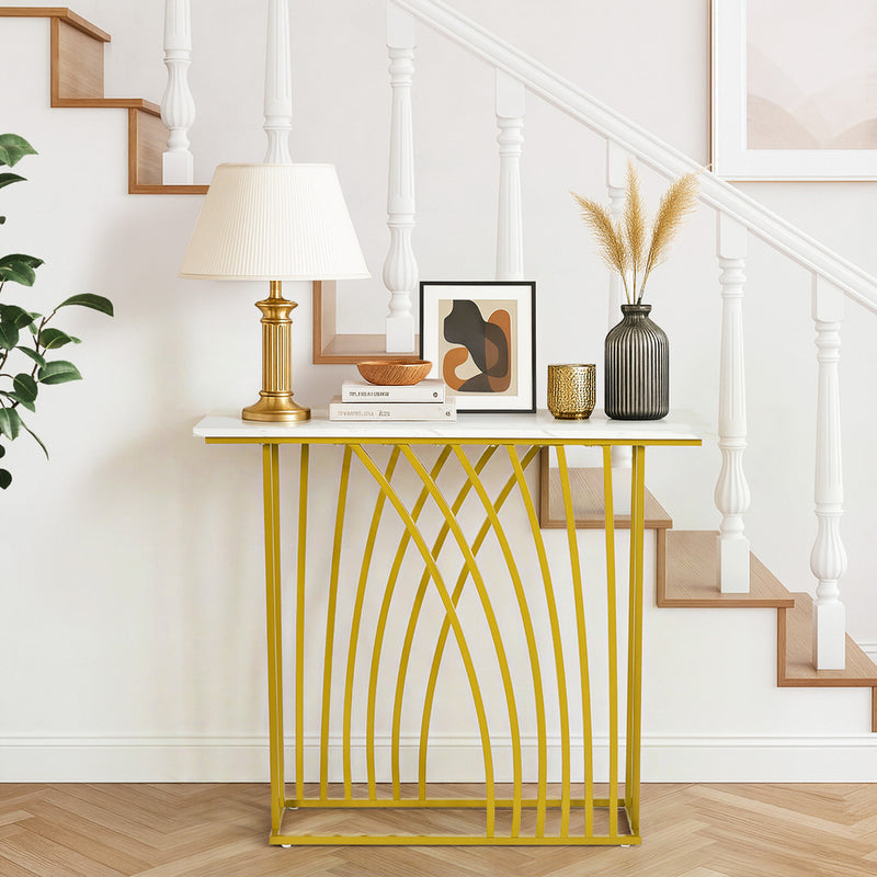 Oikiture Console Table Hallway Marble Effect Tabletop Desk White&Gold