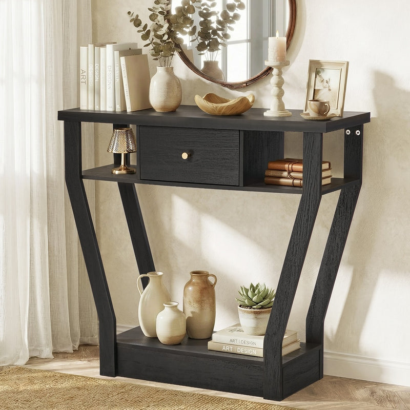Oikiture Console Table 1 Drawer Hallway Storage Shelf Side Desk Black