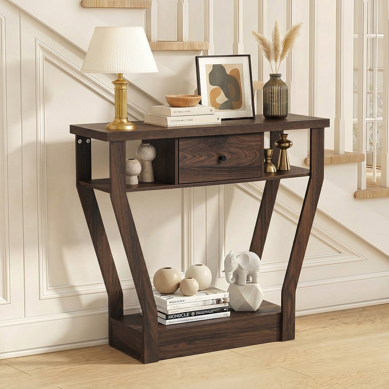 Oikiture Console Table 1 Drawer Hallway Storage Shelf Side Desk Walnut